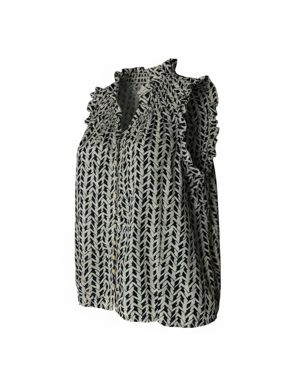 LOFT Sleeveless Black & White Patterned Ruffle Neck Top